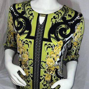 Green Tribal Patterned Blouse With Gold Metal Detailed Collar